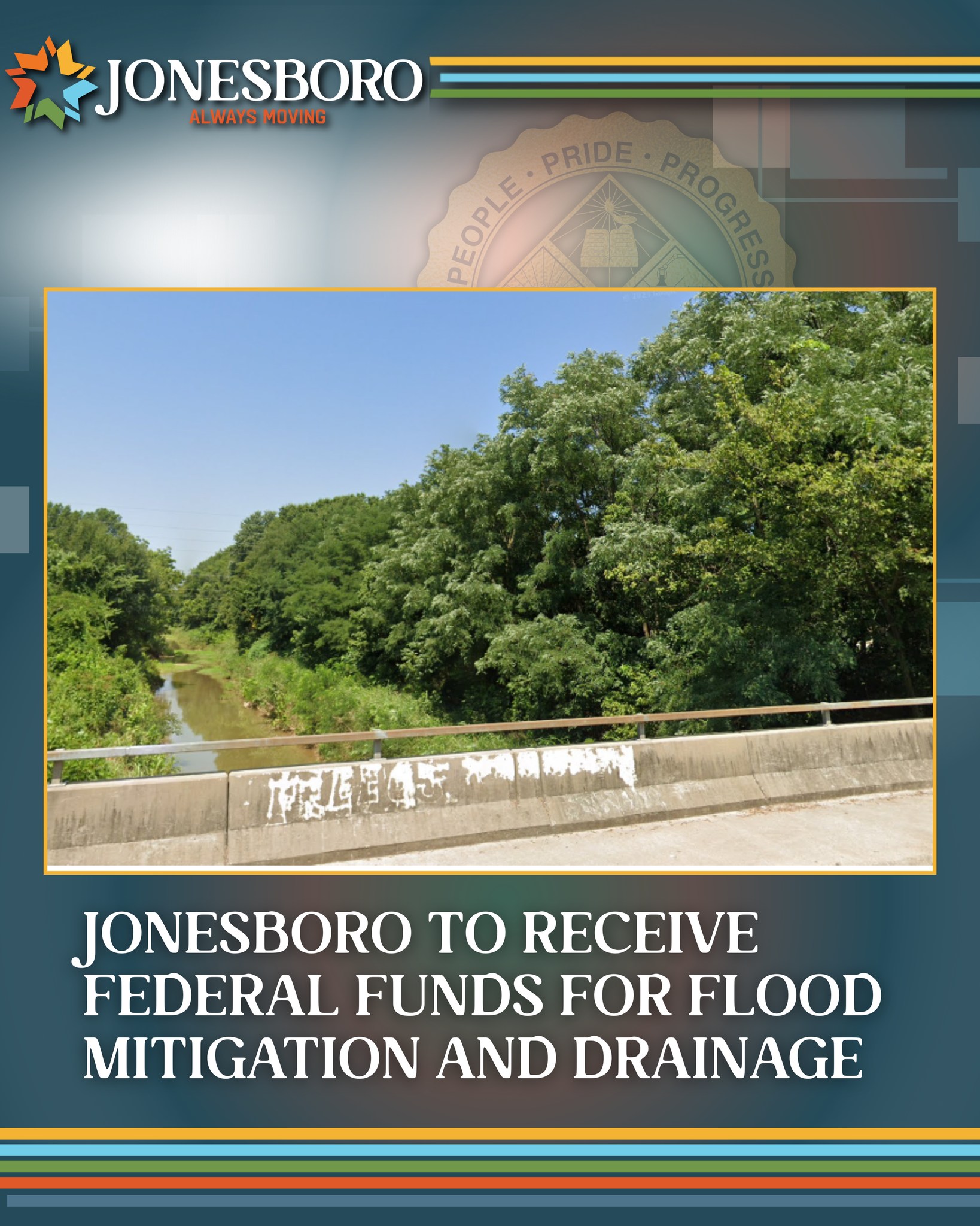 Creek with bridge and graphic about flood mitigation and drainage in Jonesboro Arkansas