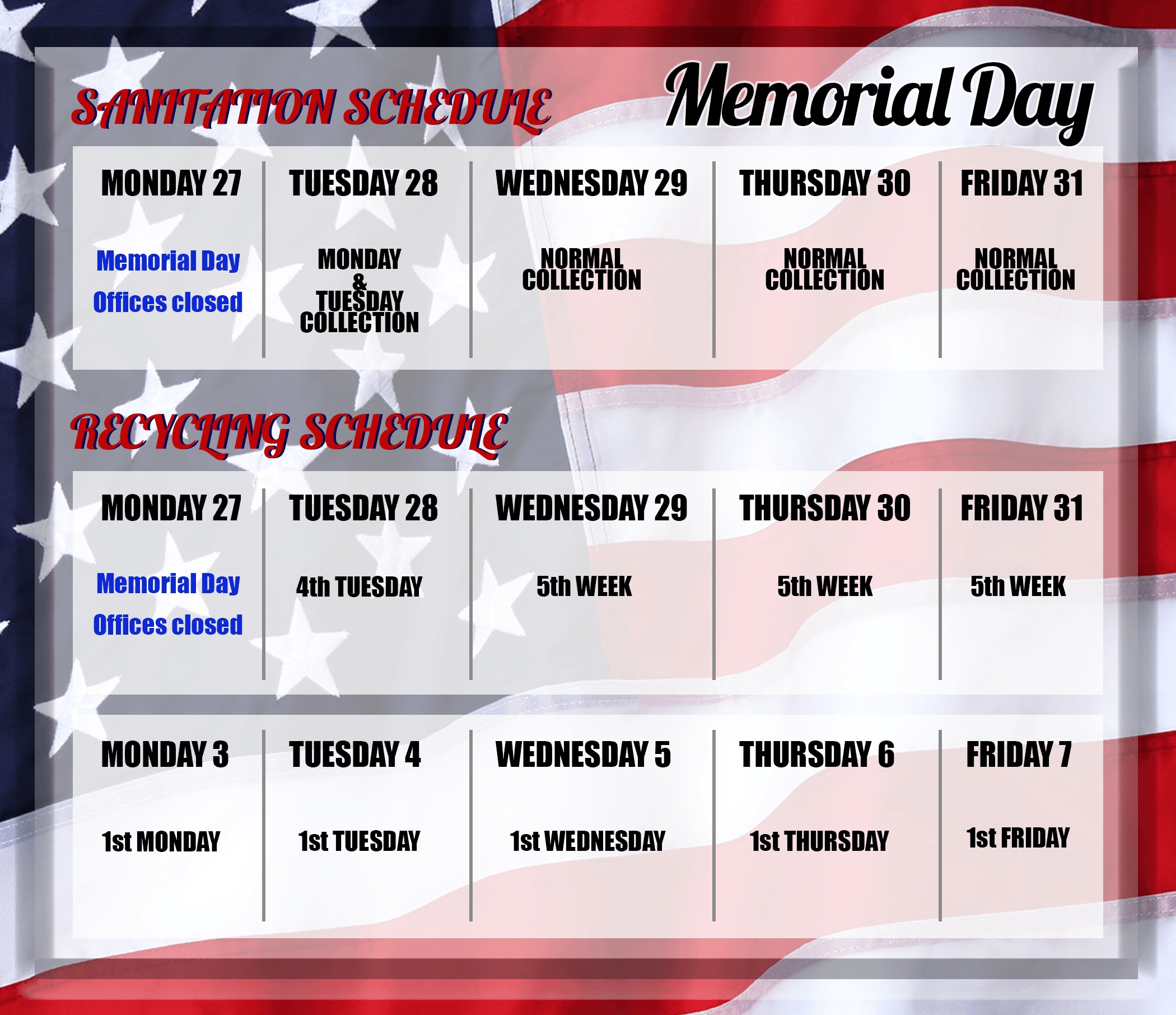 memorial day sanitation schedule 2019