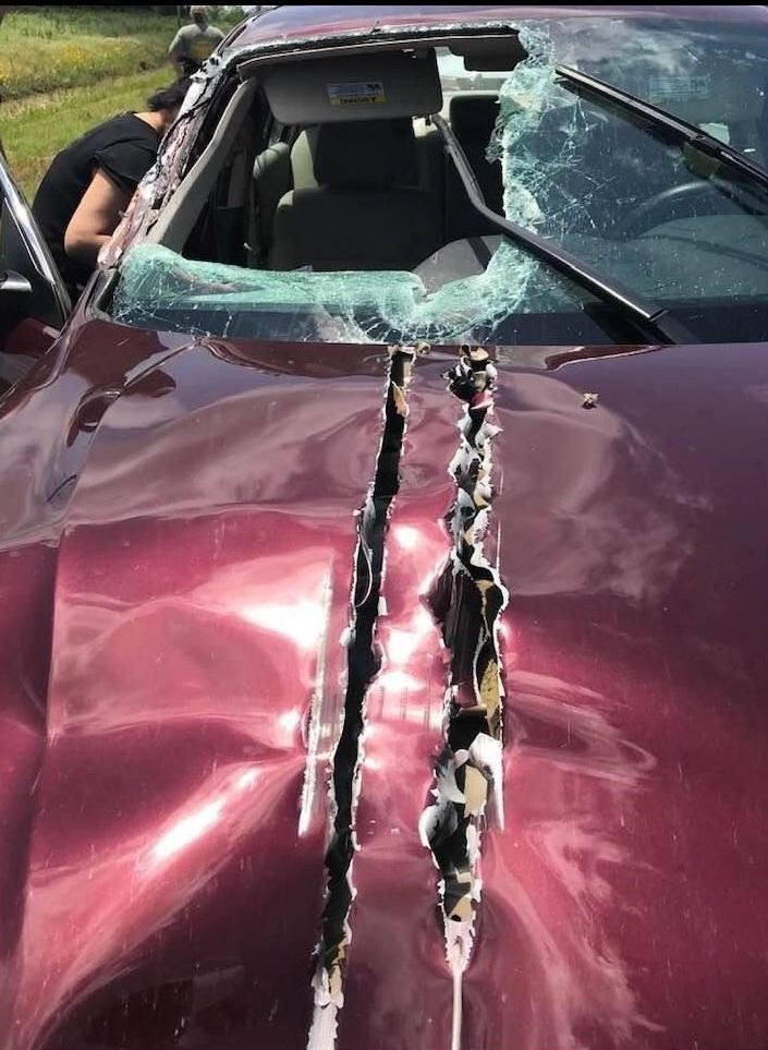 Ripped up car hood by something very sharp from farm equipment.