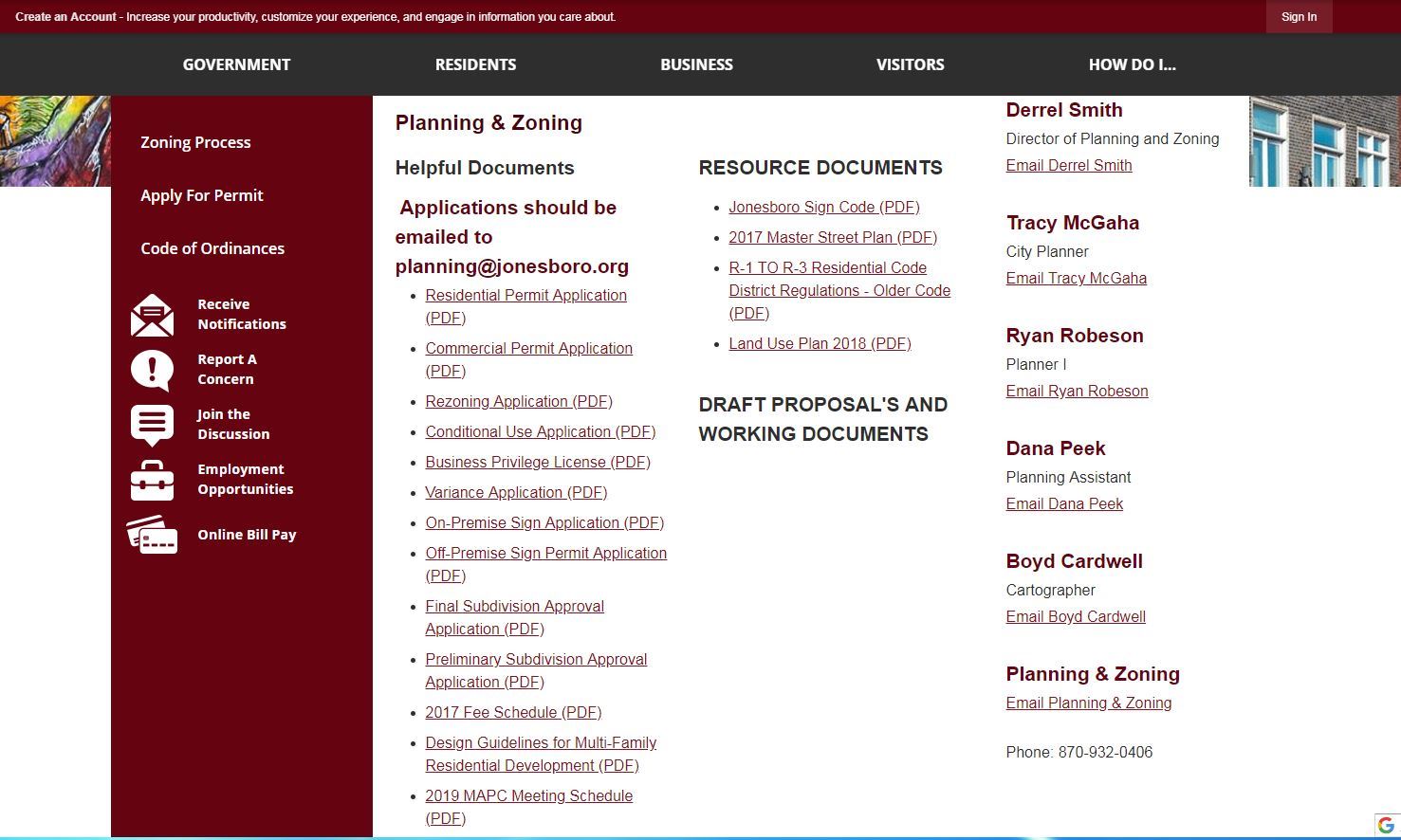 Planning and Zoning Web Page