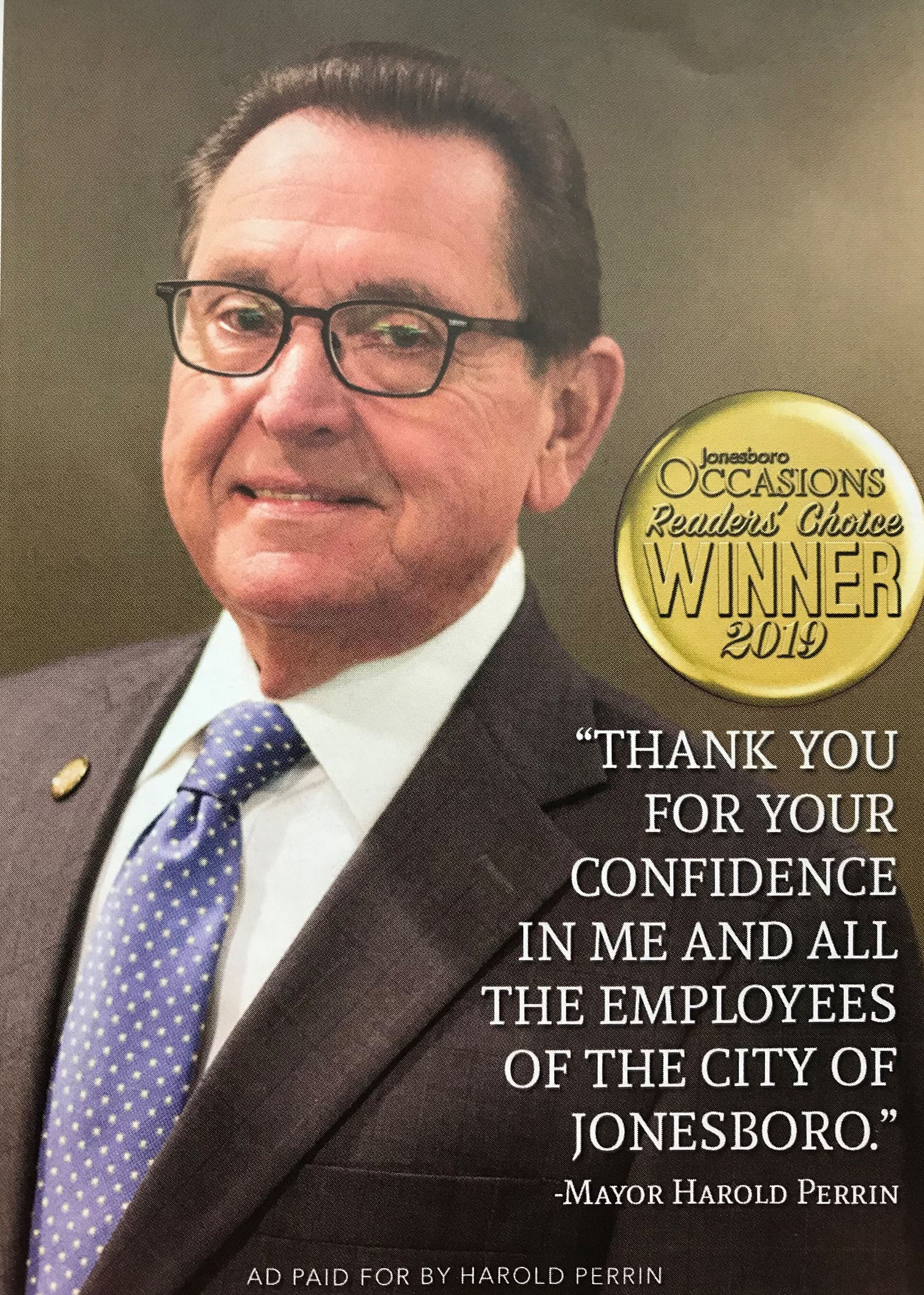 Mayor Harold Perrin with Jonesboro Occasions Magazine Readers Choice Winner 2019 Seal