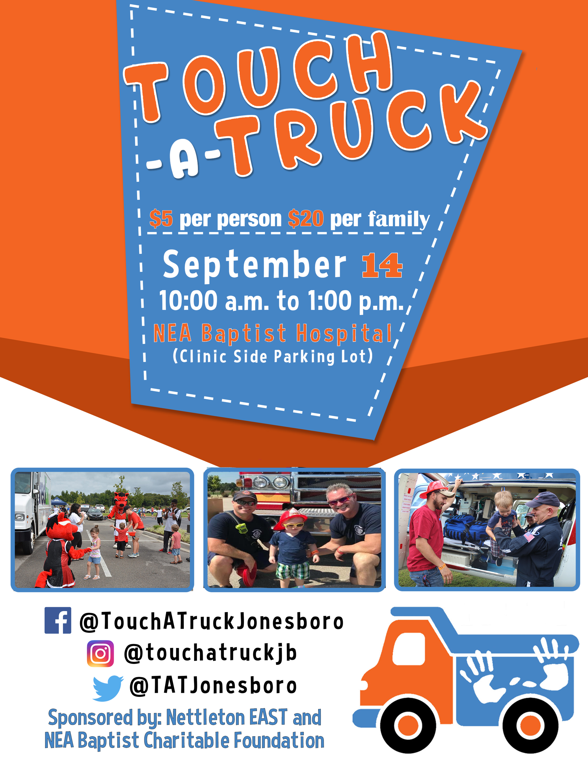 Touch A Truck is $5 per person and $20 per family on September 14, 2019 from 10 to 1 at NEA Baptist 