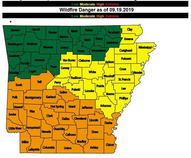 Wildfire danger graphic for Arkansas showing that conditions in Craighead County are moderate.