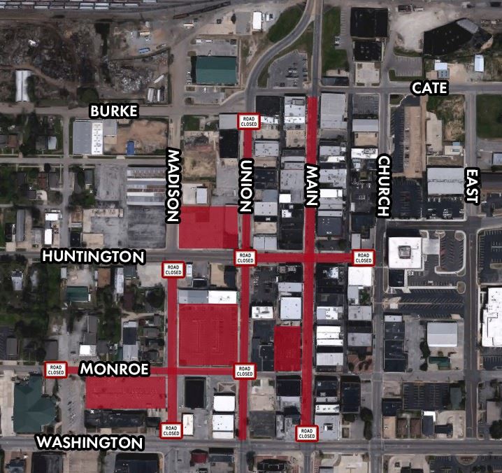 Map showing streets and parking lots closed during BBQ Fest.