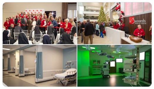 A collection of images showing the ribbon cutting and new facilities at St. Bernards Tower