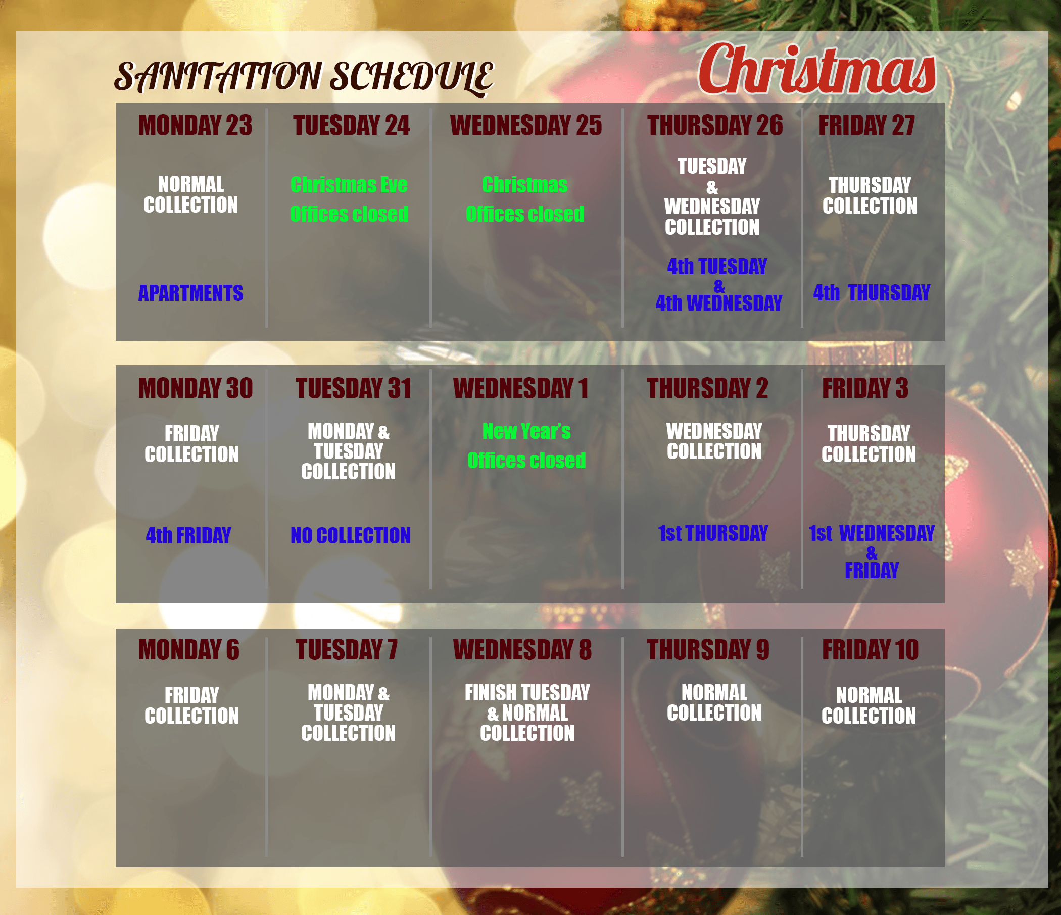 sanitation schedule for Christmas through New Years 2019-2020