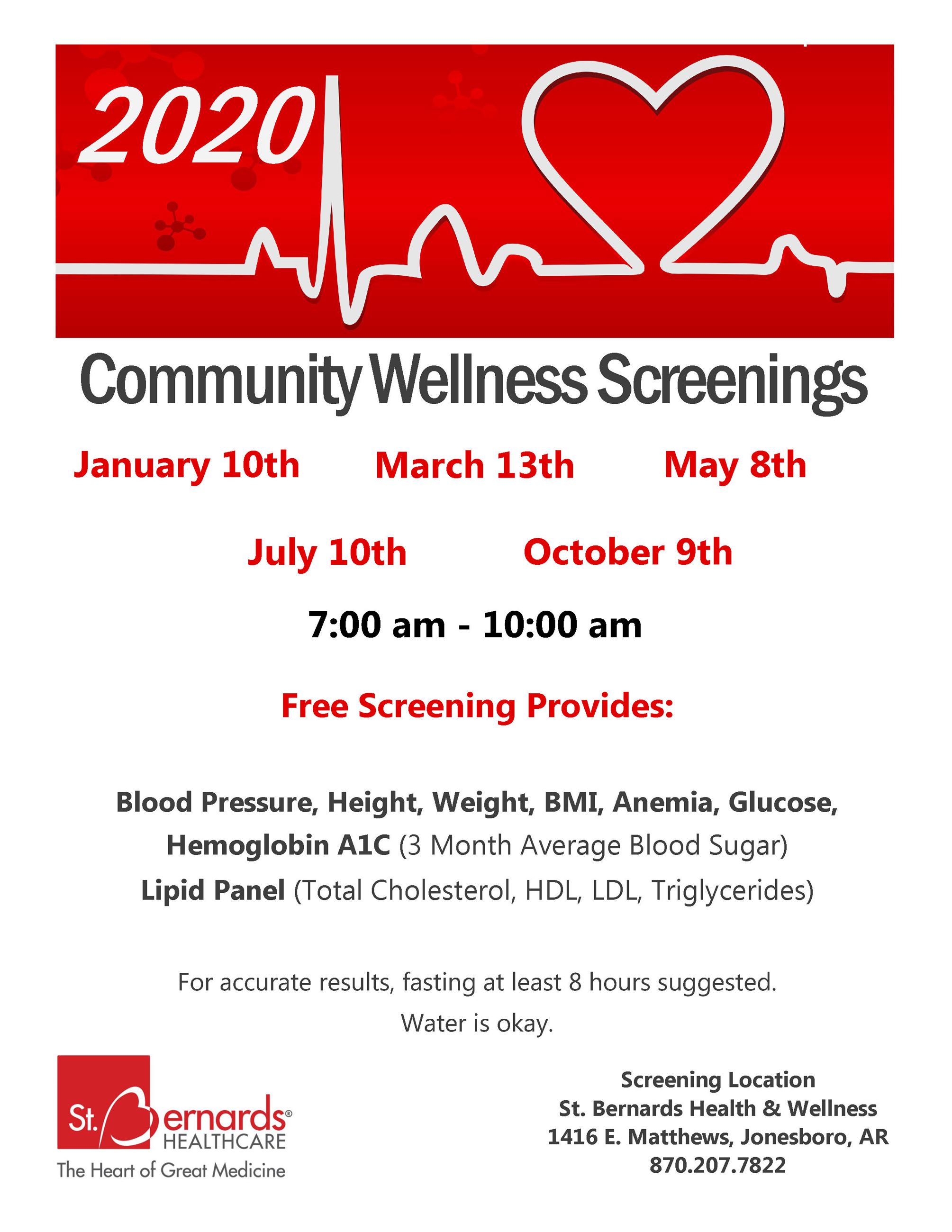 2020 Community Screening Flier, St. Bernards health and wellness; january 10, march 13, may 8, july 
