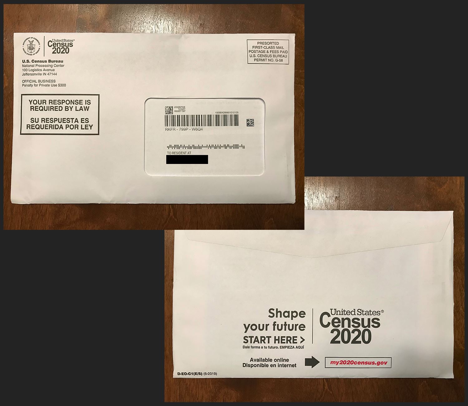 2020 Census envelope front and back side showing what it looks like