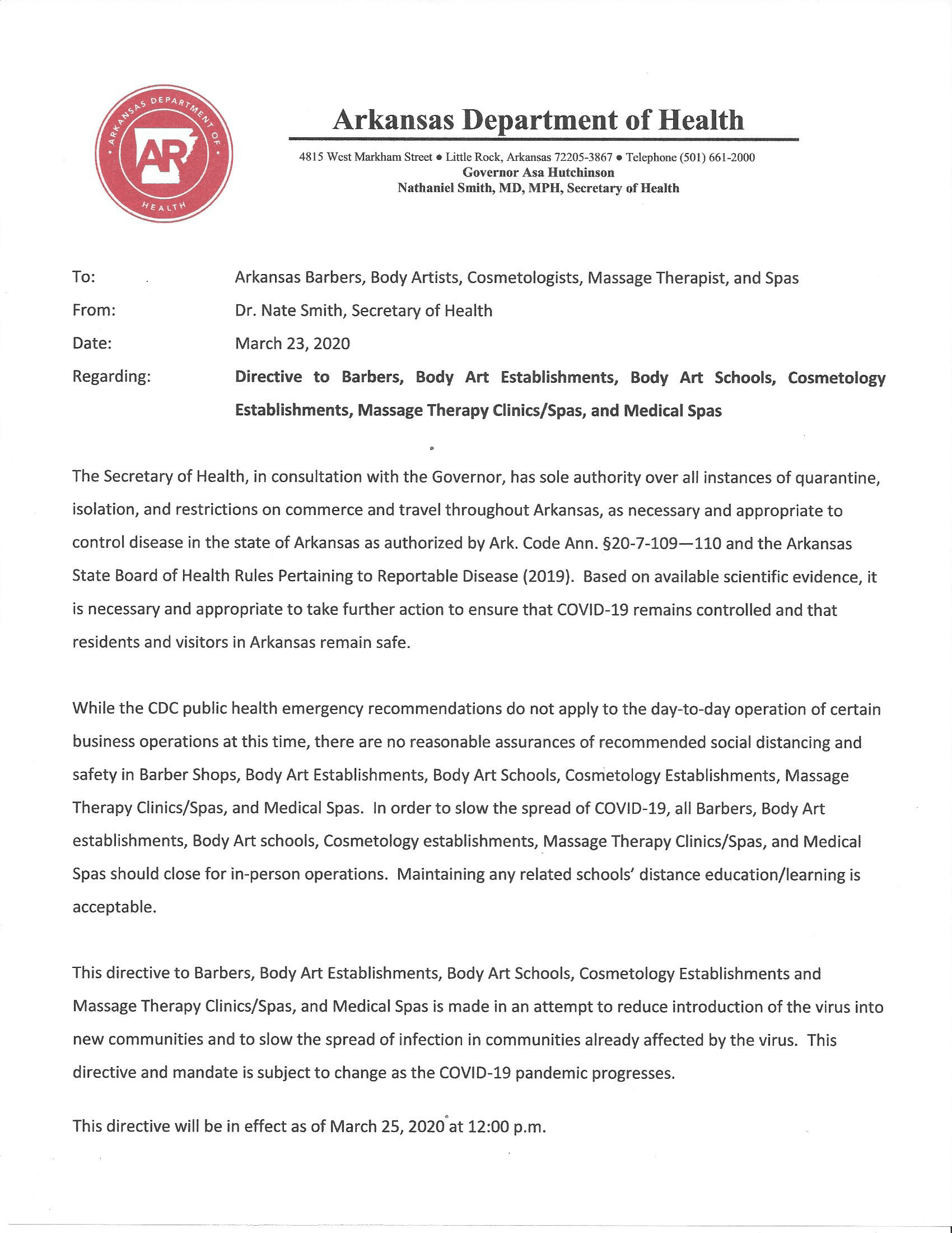 Arkansas Department of Health letter recommending closures