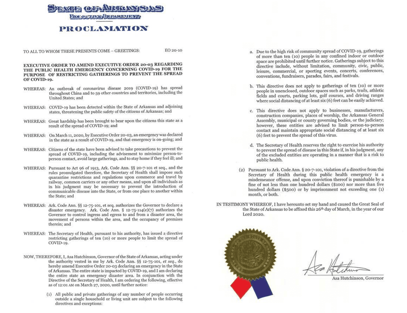 Governor Asa Hutchinson's Proclamation to restrict gatherings to prevent spread of COVID-19
