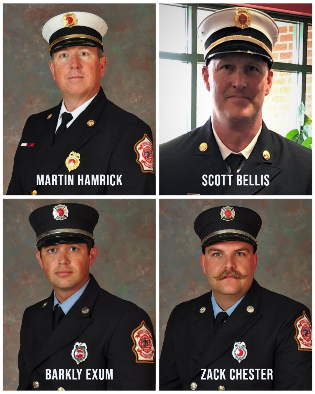 Martin Hamrick, Scott Bellis, Barkly Exum, and Zack Chester in their dress uniforms