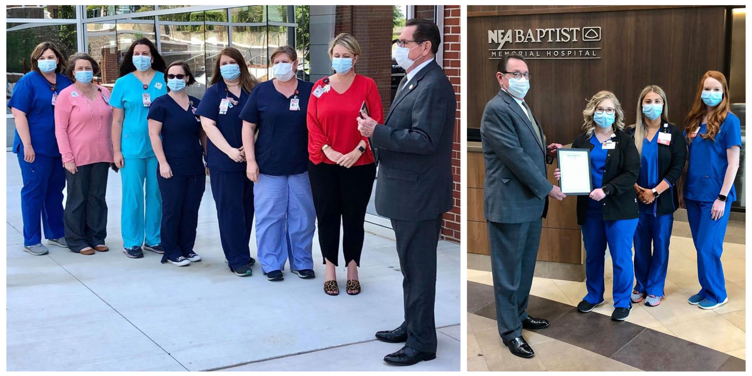 Mayor Perrin giving the proclamations to nurses of St. Bernards and NEA Baptist hospitals
