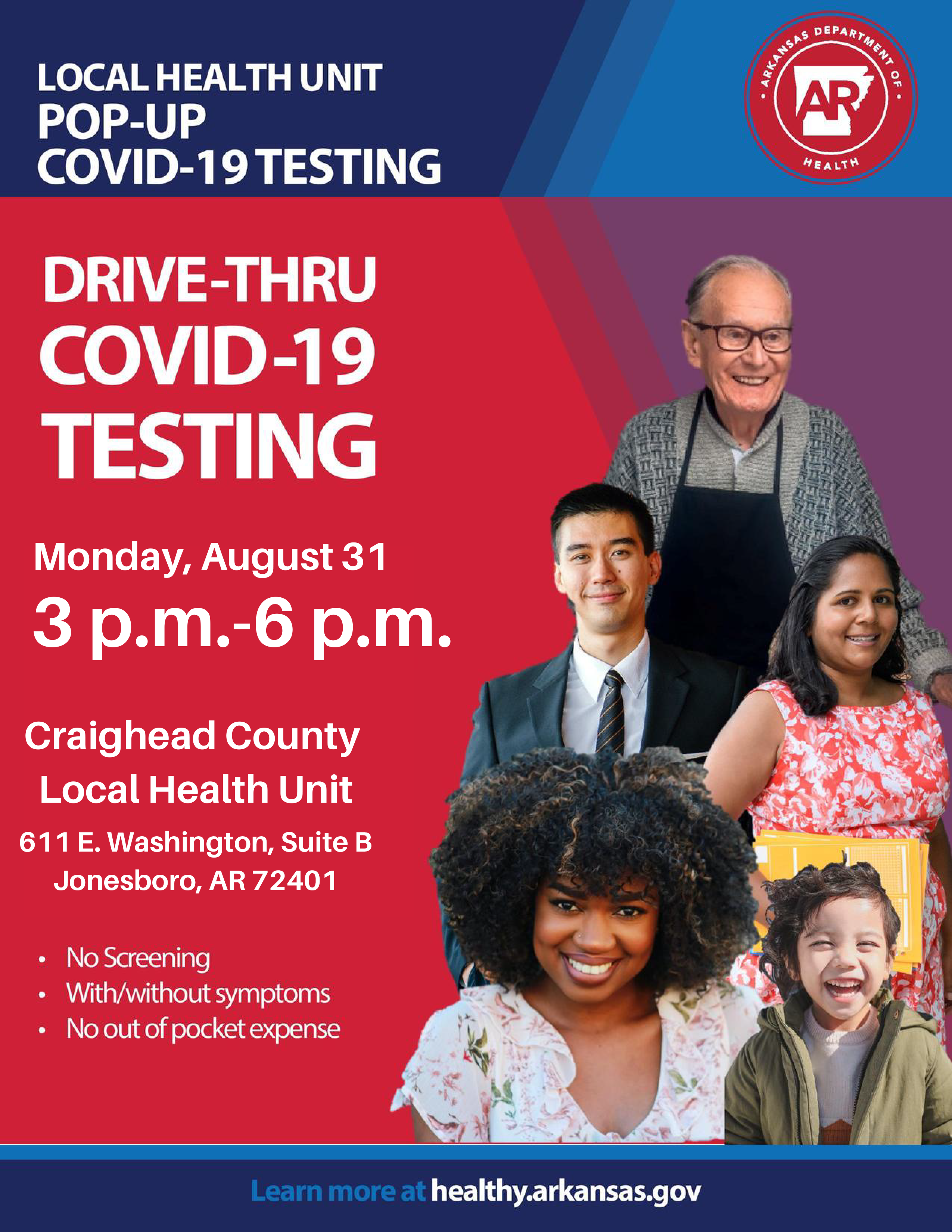 COVID-19 testing event flyer for August 31 2020