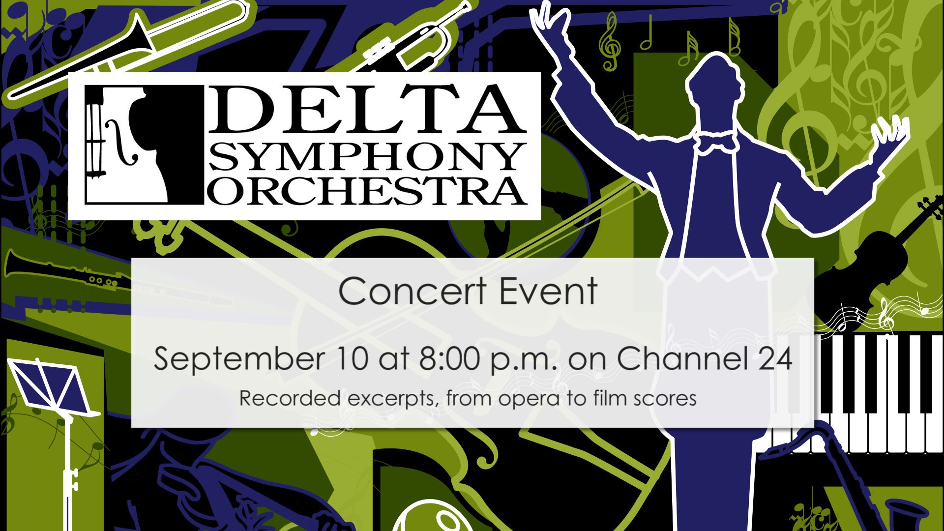 Graphic announcing Delta Symphony Orchestra concert for September 10 on Channel 24 at 8:00 p.m.