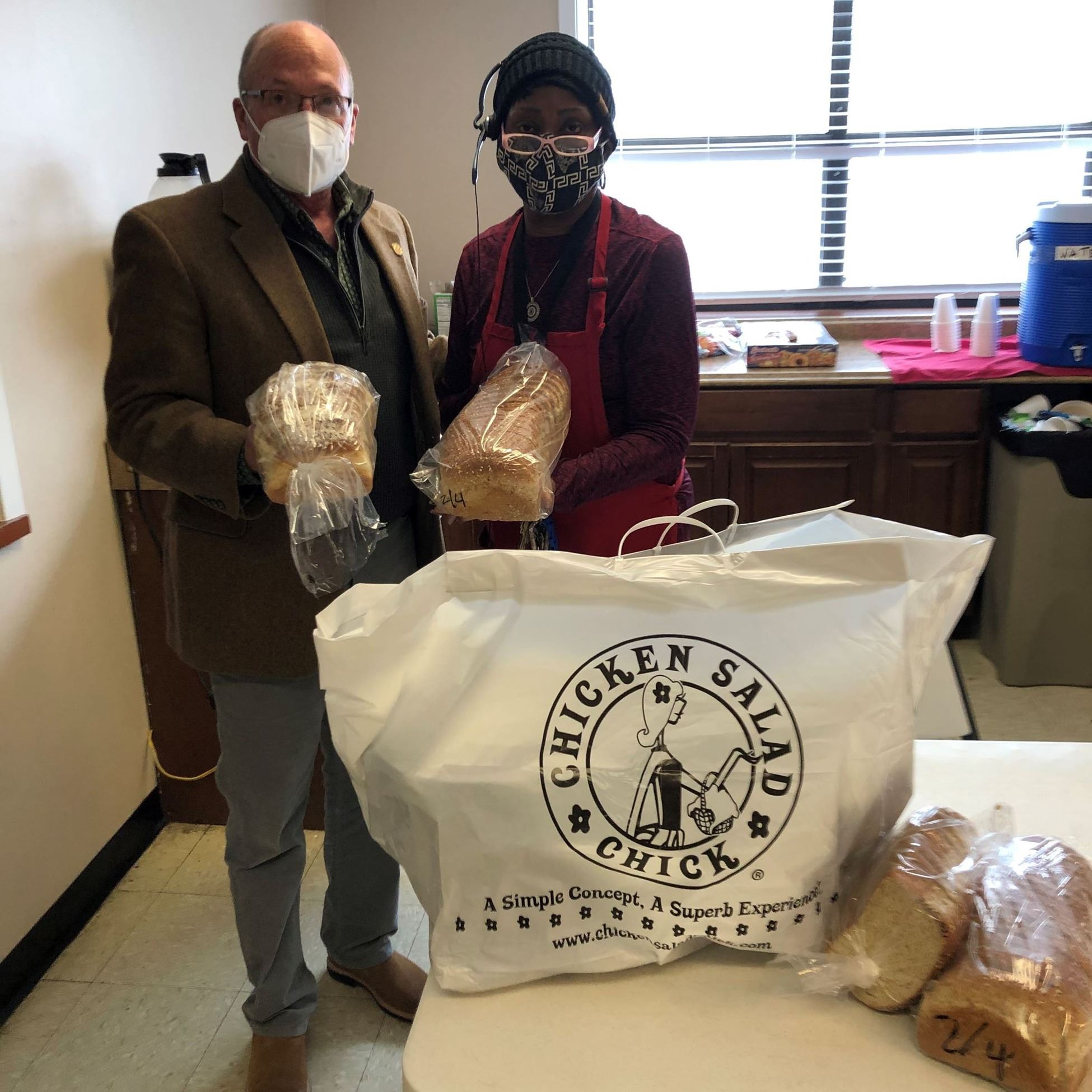 Mayor Copenhaver and Sue Webster with Chicken Salad Chick food