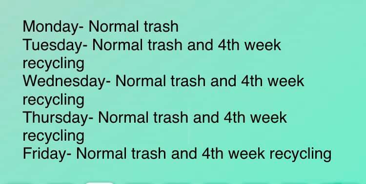 Sanitation Schedule for week of February 22