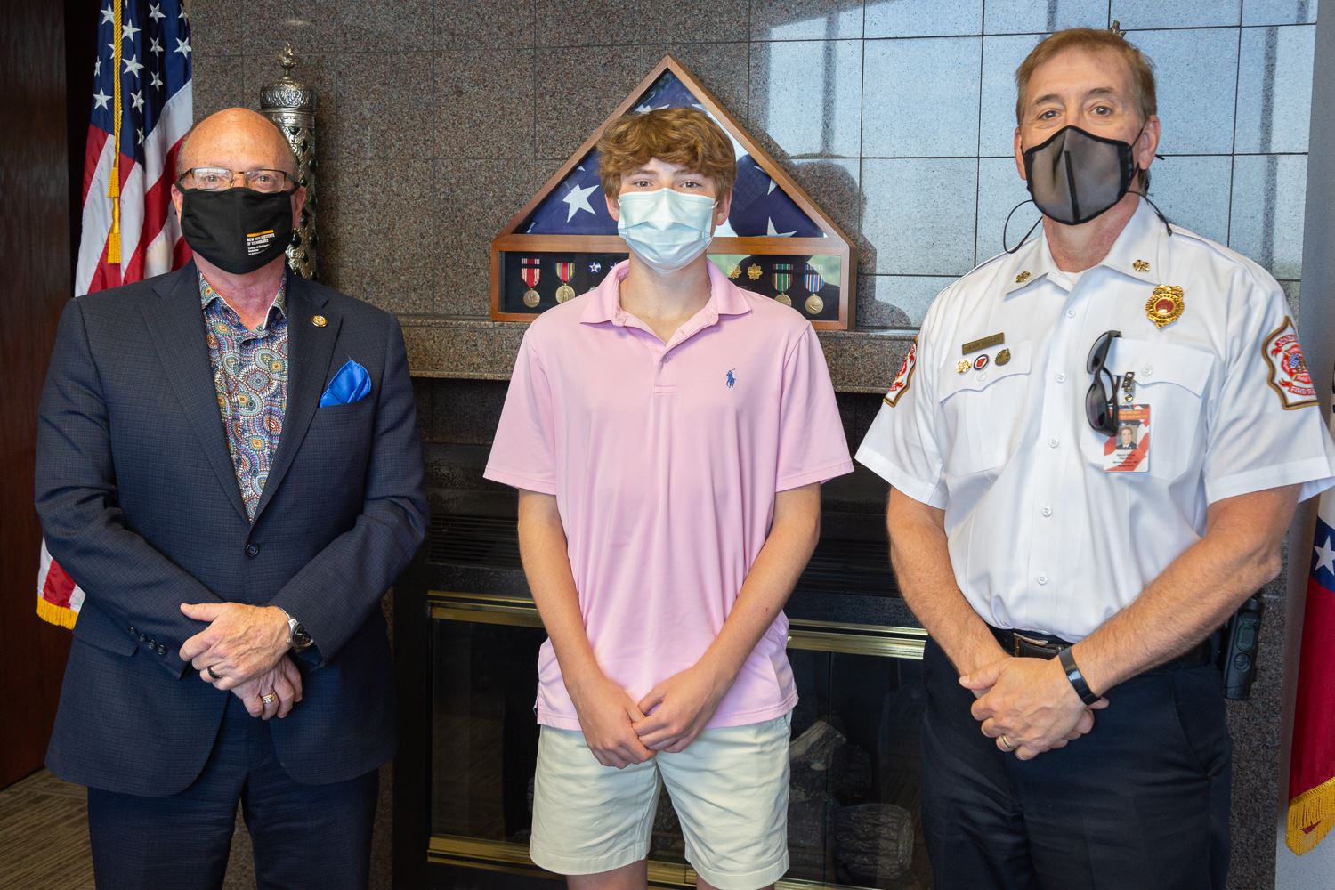 Mayor Copenhaver, Brandon Southard, and Fire Chief Miller