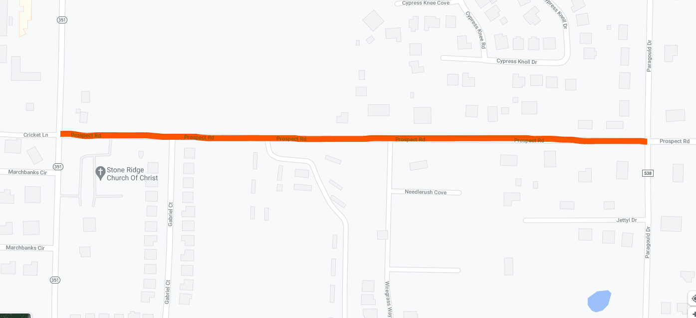 Prospect Road Closed between Aiport Road and Paragould Drive Map