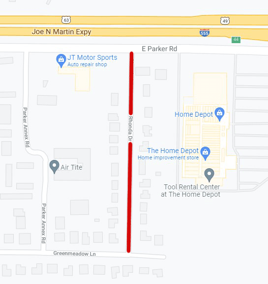 Map showing a red line on Rhonda Drive to mark the closure
