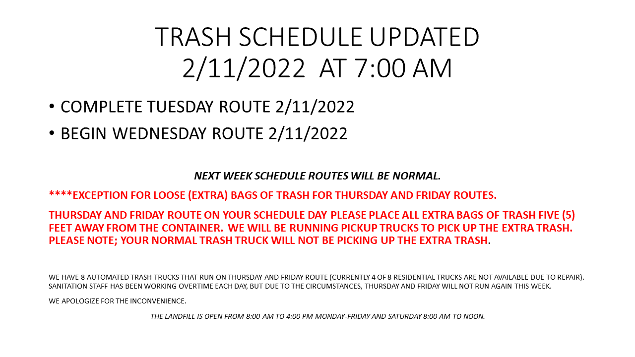Updated Trash Schedule for February 11, 2022