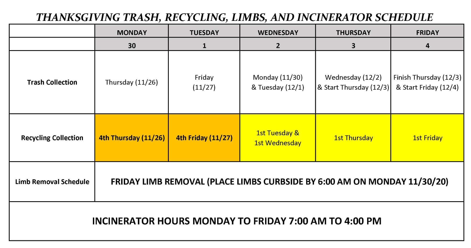 Sanitation Schedule - Thanksgiving 2020